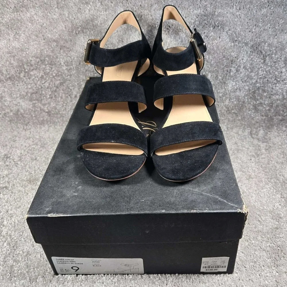 J.Crew Sandals Black Suede Three-Strap Buckle Stacked Heel Women 9